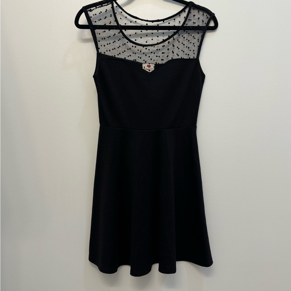 Black Skater Dress with Sheer Polka Dot Neckline